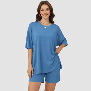 VILIGO Women's Casual Two-Piece Set Oversized Crewneck Split Hem Shirt & Biker Shorts Matching Lounge Outfit Basic Loungewear Pajamas in Blue Half Sleeve Above the Knee Minimalist Style Summer Wear Nightwear Elegance Everyday