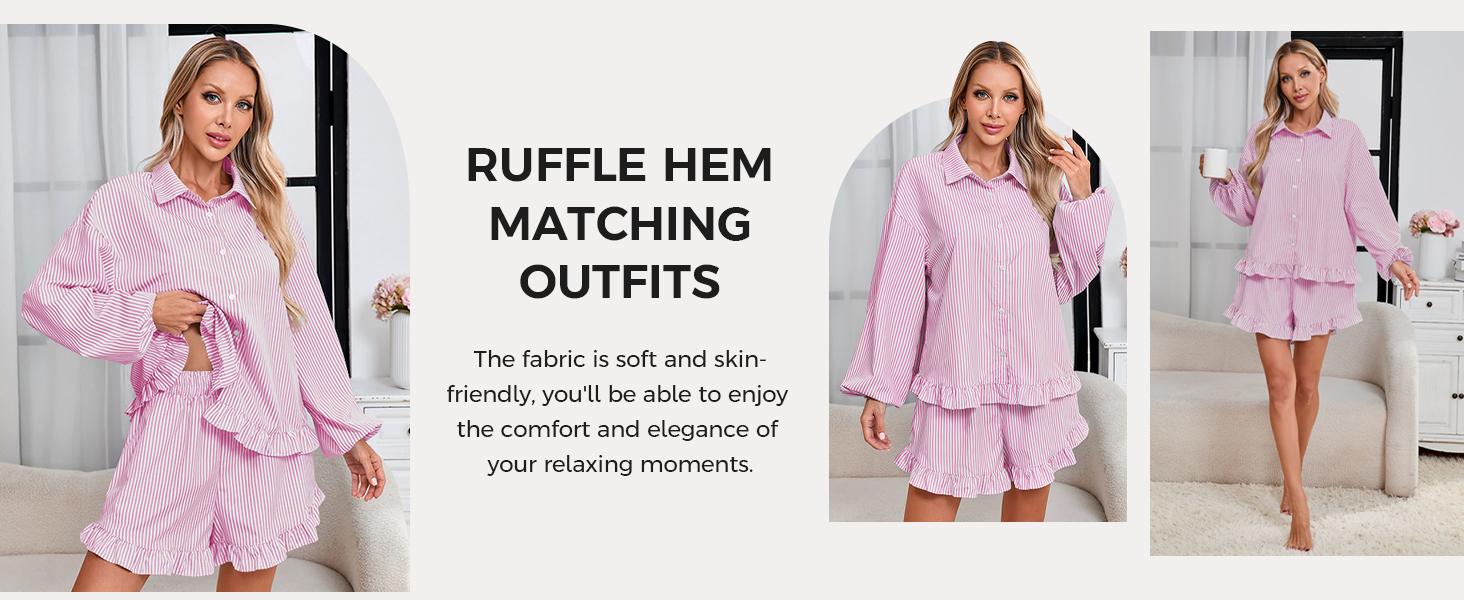 Fisoew Womens Stripe 2 Piece Lounge Sets Button Down Ruffle Shirts Shorts Sets Casual Oversized Pajama Sets Loungewear