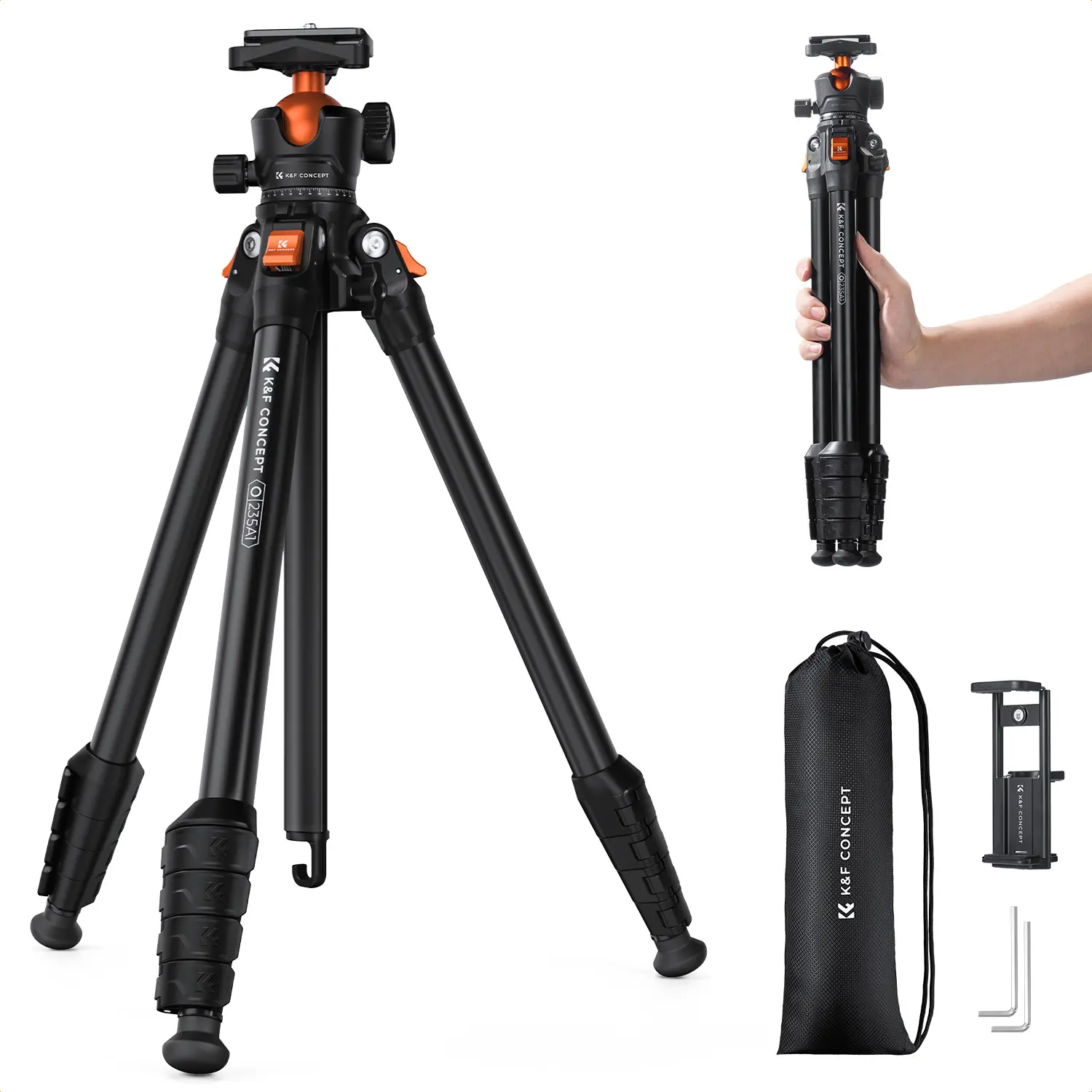 【K&F CONCEPT】63" Aluminum Travel Tripod for Camera w Phone Holder, Non-Reversible Lightweight Compact Tripod Weighs 2.6lb, Max Load 22lb for Camera DSLR Binoculars Spotting Scope Camcorders Phone