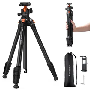【K&F CONCEPT】63" Aluminum Travel Tripod for Camera w Phone Holder, Non-Reversible Lightweight Compact Tripod Weighs 2.6lb, Max Load 22lb for Camera DSLR Binoculars Spotting Scope Camcorders Phone