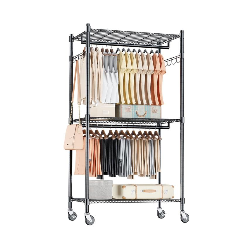 Heavy Duty Clothes Rack on Wheels Metal Garment Rack with Height Adjustable Wire Shelves 80.7"H  Freestanding Wardrobe Laundry Rack with 2 Hanging Rods 2 Side Hooks Clothing Storage for Bedroom, White Outdoorfun