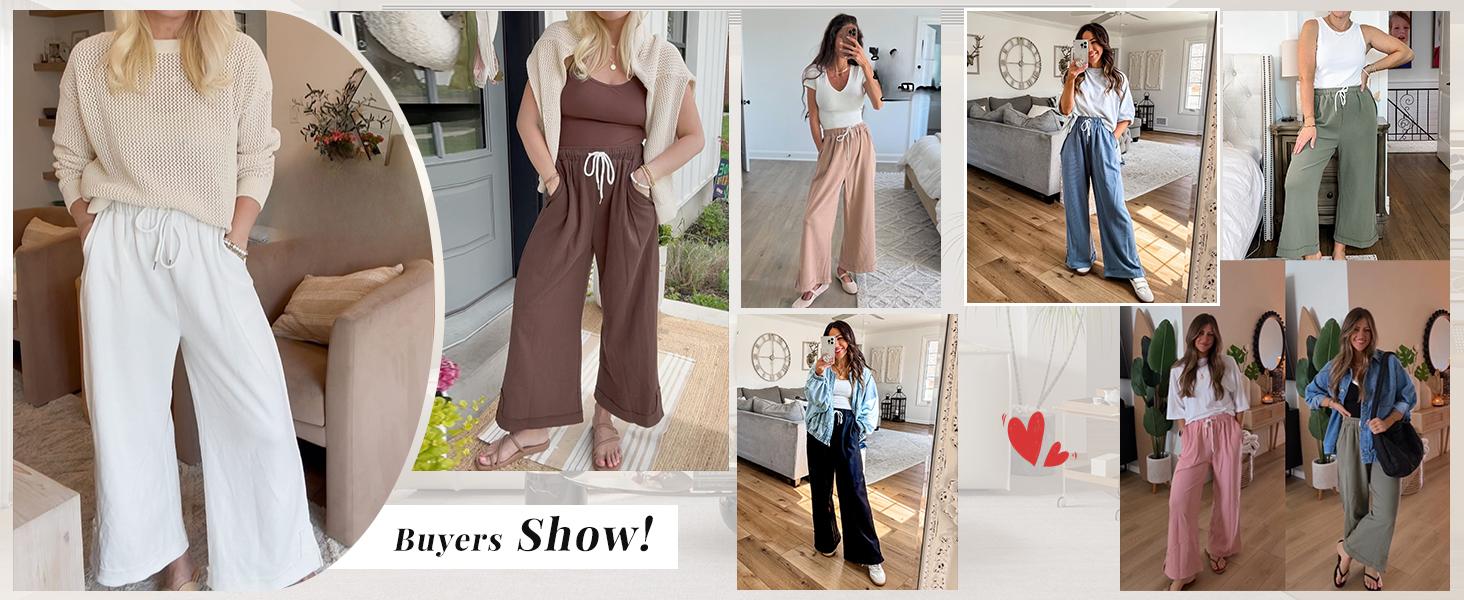 Womens Baggy Wide Leg Palazzo Pants Casual Loose Drawstring Elastic Waisted Lounge Trousers with Pockets