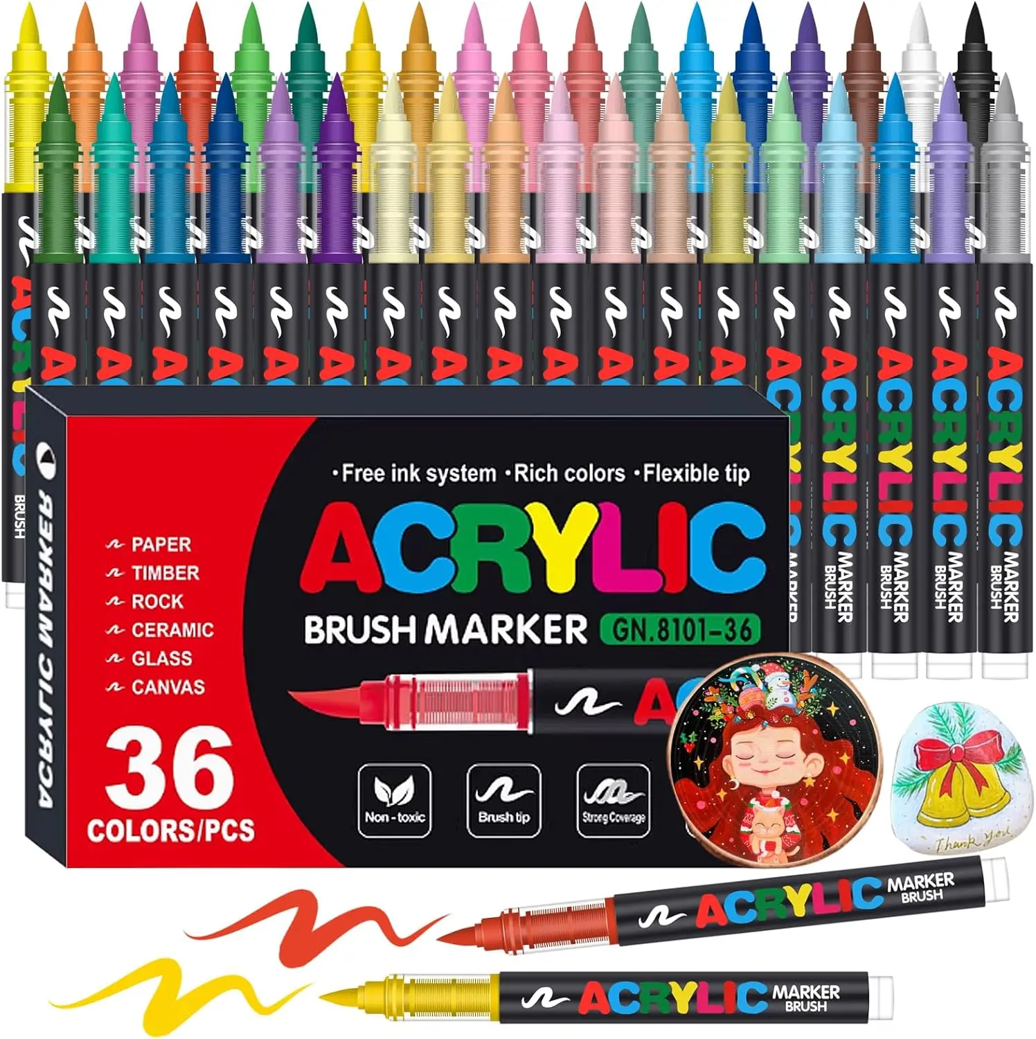 2026 Viral 36-Colors Acrylic Paint Markers, Brush Tip Direct Liquid Ink Pen, Waterproof Quick Dry Opaque Paint Pens, Non-Toxic Art Marker for Rock Painting, Canvas, Glass, Fabric, DIY Crafts