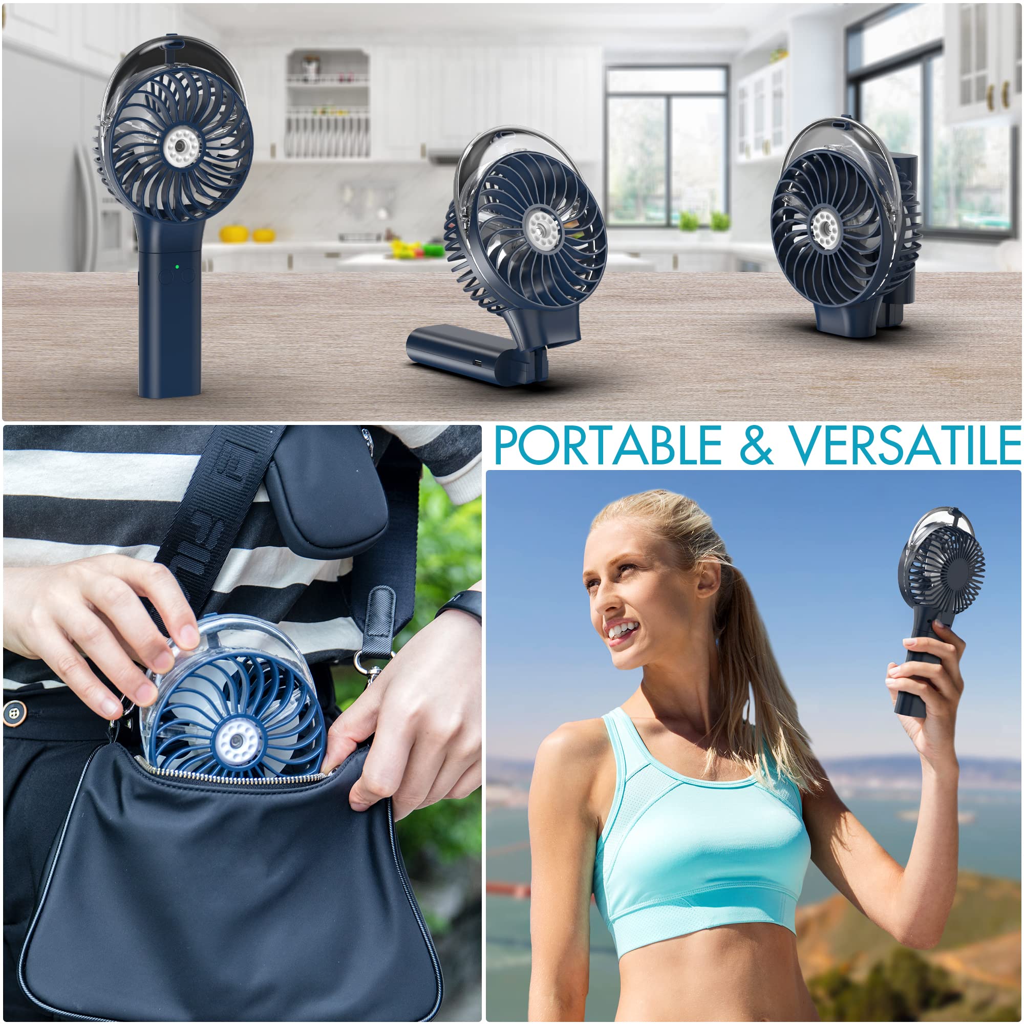 F006 Portable Handheld Misting Fan, 3000mAh Rechargeable Battery Operated Spray Water Mist Fan, Foldable Mini Personal Fan for Travel, Makeup, Home, Office, Camping, Outdoors