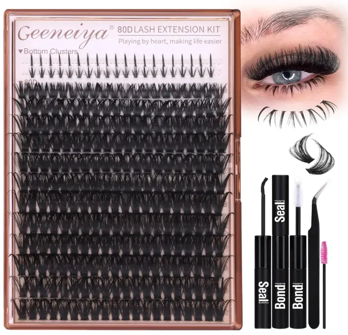 Cluster Eyelash Extensions Kit Bottom Lash Clusters 10-20mm DIY Lash Extension Kit Wispy Volume Individual Eyelashes with Waterproof Lash Bond and Seal Applicator for Beginners