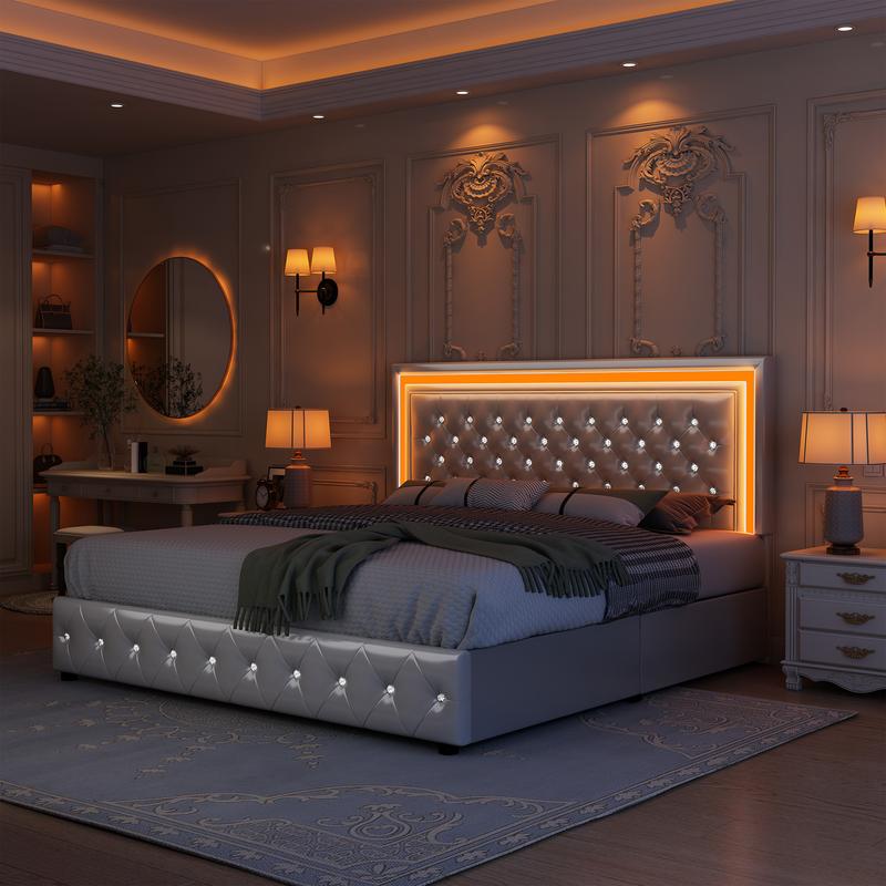 GEGOFORU Queen LED Smart Bed with RGB Lights, Adjustable Upholstered Headboard, App & Bluetooth Control, 4 Under-Bed Storage Drawers, Whisper-Quiet Design, PU / Velvet, No Box Spring Needed – White