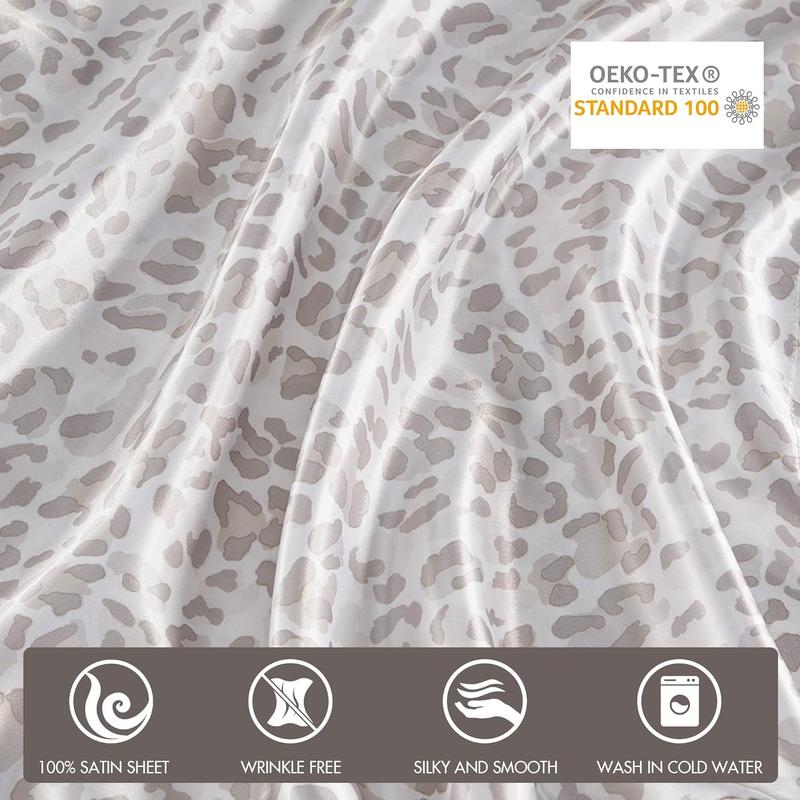 Madison Park 4 Piece Leopard Printed Satin Sheet Set (1*Flat Sheet + 1* Fitted Sheet + 2*Pillowcases), Luxury And Silky With Natural Sheen, Elastic 14" Pocket Fits Up To 16" Mattress, All Around Elastic - Year-Round Bedding