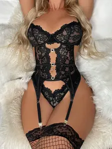 LUSHLACE Babydoll Lingerie Floral Embroidery Sheer Bra Leg Rings Thong Set Naughty Sleepwear