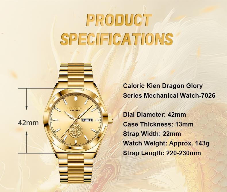 Calonic Kien Men's Luxury Swiss Automatic Gold Watch with Dual Calendar 42mm Stainless Steel Band Luminous Display Water Resistance Buckle