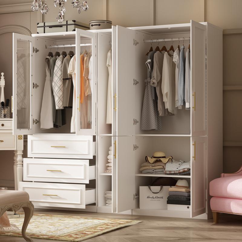 FUFU&GAGA 4 Door Wardrobe Closet with Shelves, Armoires and Wardrobes Wardrobe Closet with Hanging Rod, Gold Metal Handles, Bedroom Armoire Closet