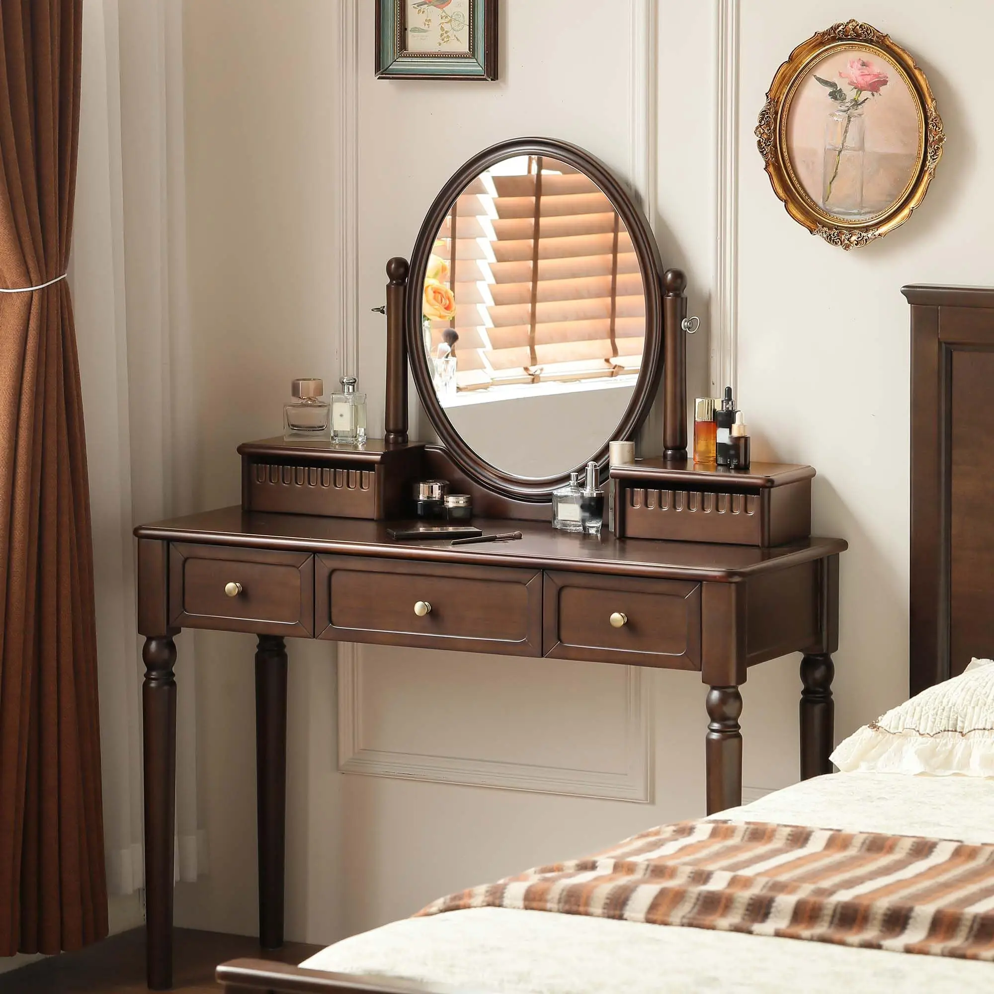 YESWOOD Solid Wood Vanity Desk with Mirror, Solid Catalpa Wood Walnut Dressing Table, Vintage Dressing Table Vanity Desk for Bedroom