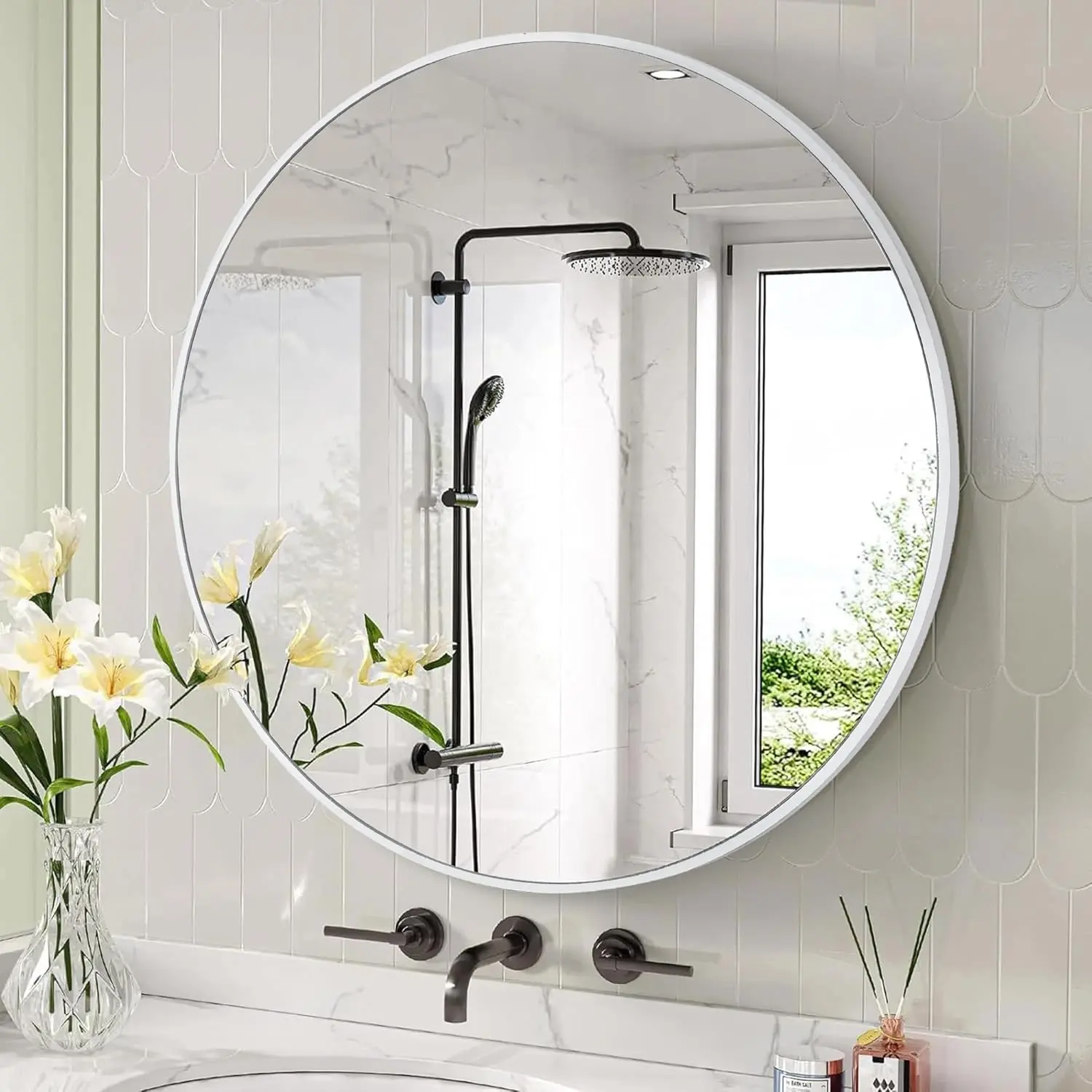 24 Inch White Round Wall Mirror for Bathroom Bedroom | Slim White Frame, 3mm Tempered Glass, Minimalist Wall Mount Decor Vanity Mirror