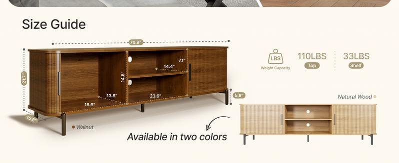 Fluted TV Stand & Storage Cabinet, Sliding Tambour Doors, Open Shelves, Modern Media Console for Living Room, Bedroom & Kitchen