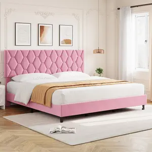 Pink King Bed Frame with Upholstered Headboard, Heavy-Duty Platform Bed Frame with Strong Wood Slats, No Box Spring Needed/Noise Free/Easy Assembly
