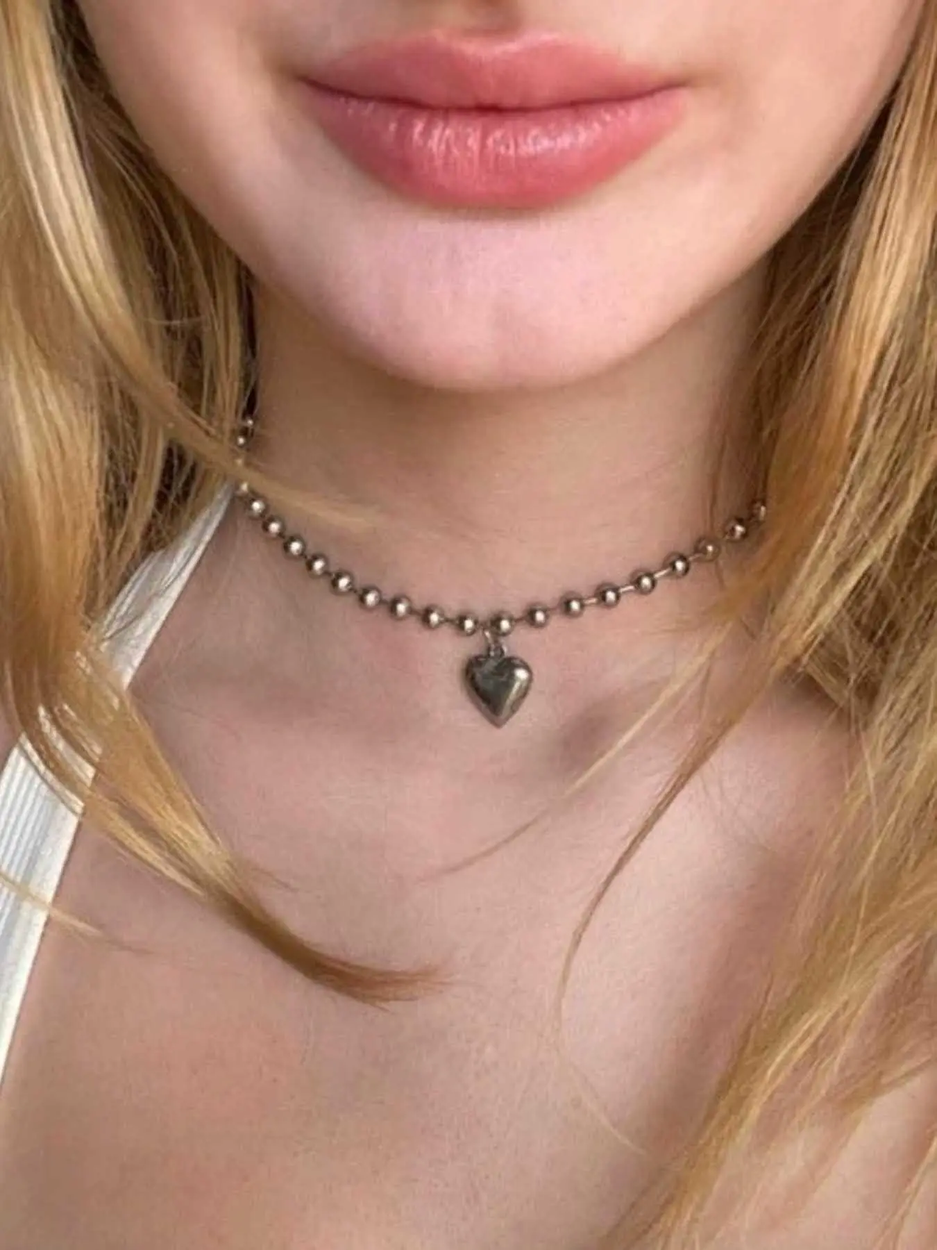 Sweet Cool Y2K Stainless Steel Heart Bead Necklace for Women, Non-Fading, Simple Party Versatile Personality Necklace, Dainty Fashion Jewelry, Heart Shape Pendant, Chain Necklace