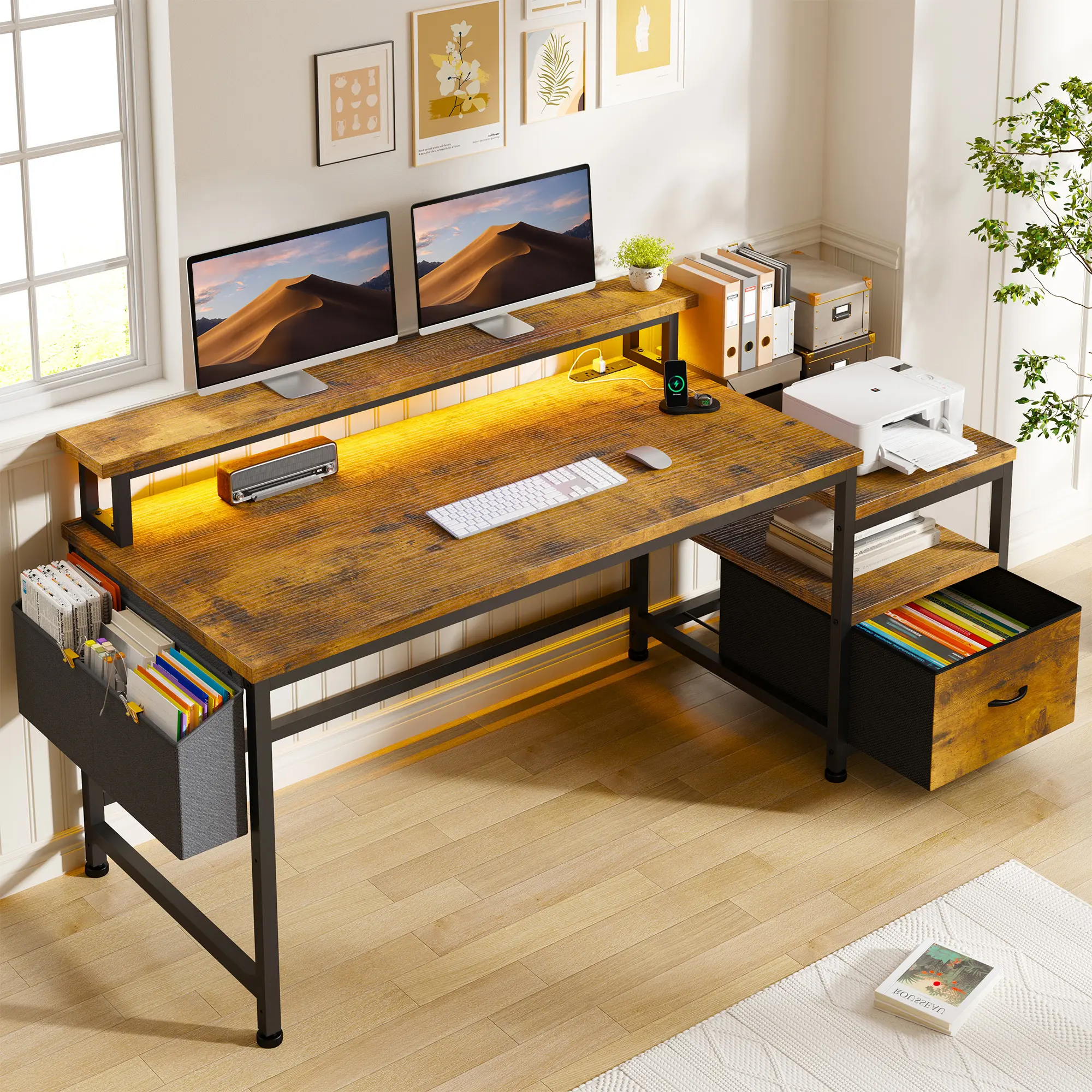 【Deals for you days】57" Home Office Desk with Printer Stand & Fabric Drawer,Gaming Desk with LED Lights & Monitor Stand,Sturdy Study & Writing Table for Kids with 3 Power Outlets & 2 USB Ports,57"W x 20"D x 36"H,Easy Assemble,Student Desk in home