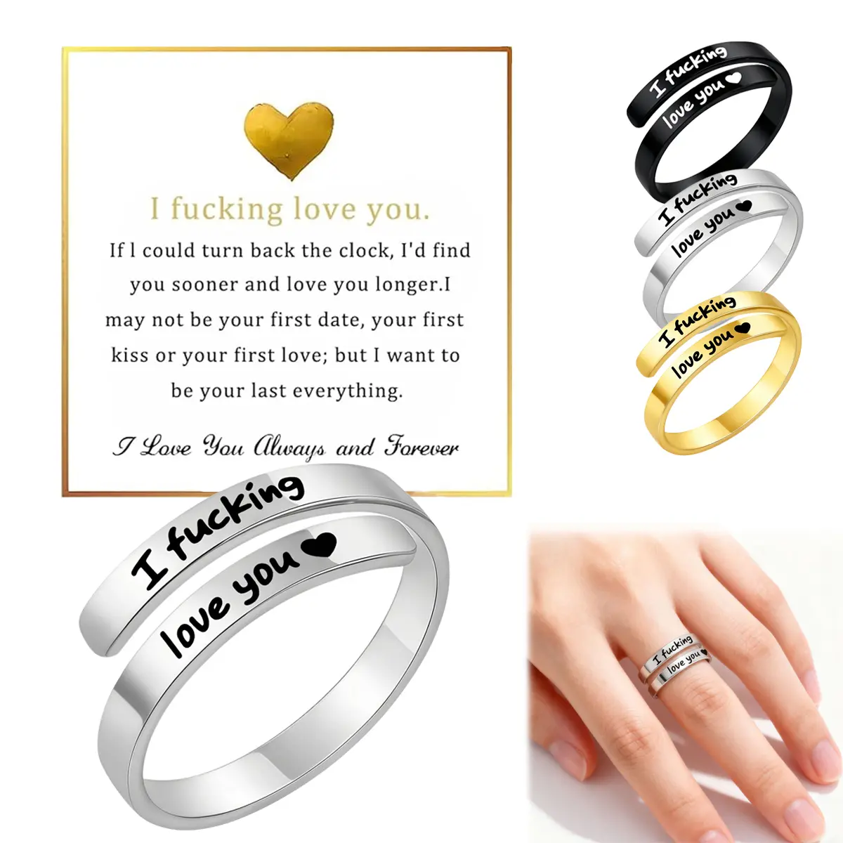 Women's Vintage Heart Design Ring - Non-Tarnish Stainless Steel Spiral Wrap Promise Ring with "I F*cking Love You" Decorative Engraved Phrase, Adjustable Open Hypoallergenic Costume Jewelry for Women, Rings For Women