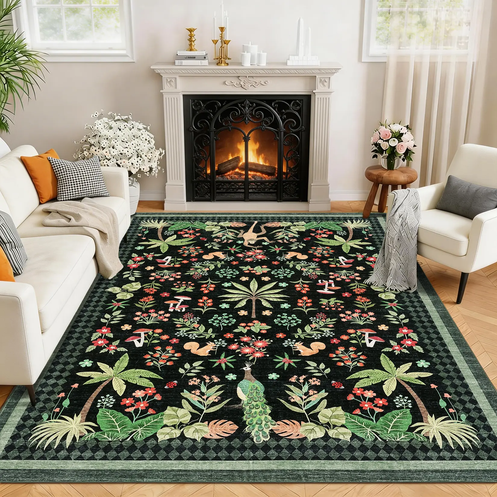 Tropical Plant Print Rug Washable Area Rug Peacock and Monkey Animal Print Rug Soft Non-slip Foldable Ultra-thin Non-shedding Indoor Decorative Rug for Bedrooms Living Rooms Hallways Dining Rooms and Laundry Rooms