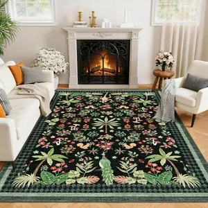 Tropical Plant Print Rug Washable Area Rug Peacock and Monkey Animal Print Rug Soft Non-slip Foldable Ultra-thin Non-shedding Indoor Decorative Rug for Bedrooms Living Rooms Hallways Dining Rooms and Laundry Rooms