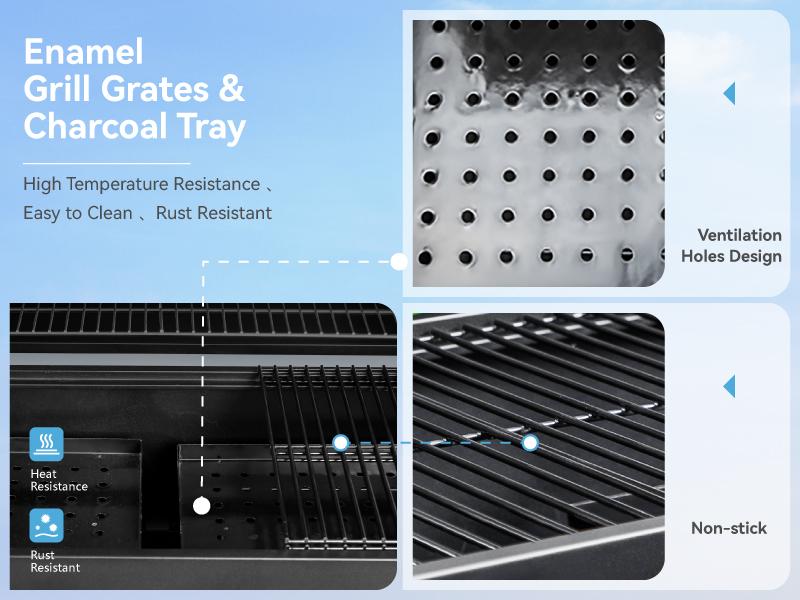 PHI VILLA Extra Large Charcoal BBQ Grill with Easy Clean Full Size Ash Tray, Enamel Grilling Racks, 794 SQ.IN. Cooking Area, Smokeless, Metal Iron Barbecue