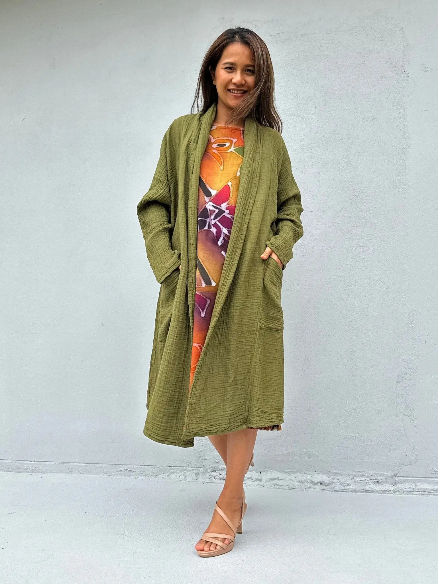 Women's Olive Green Open Front Longsleeve Cardigan - Loose Fit, Lightweight Double Gauze Cotton Tops, Knee Length Knitwear for Casual Layering, Evening & All Seasons Use