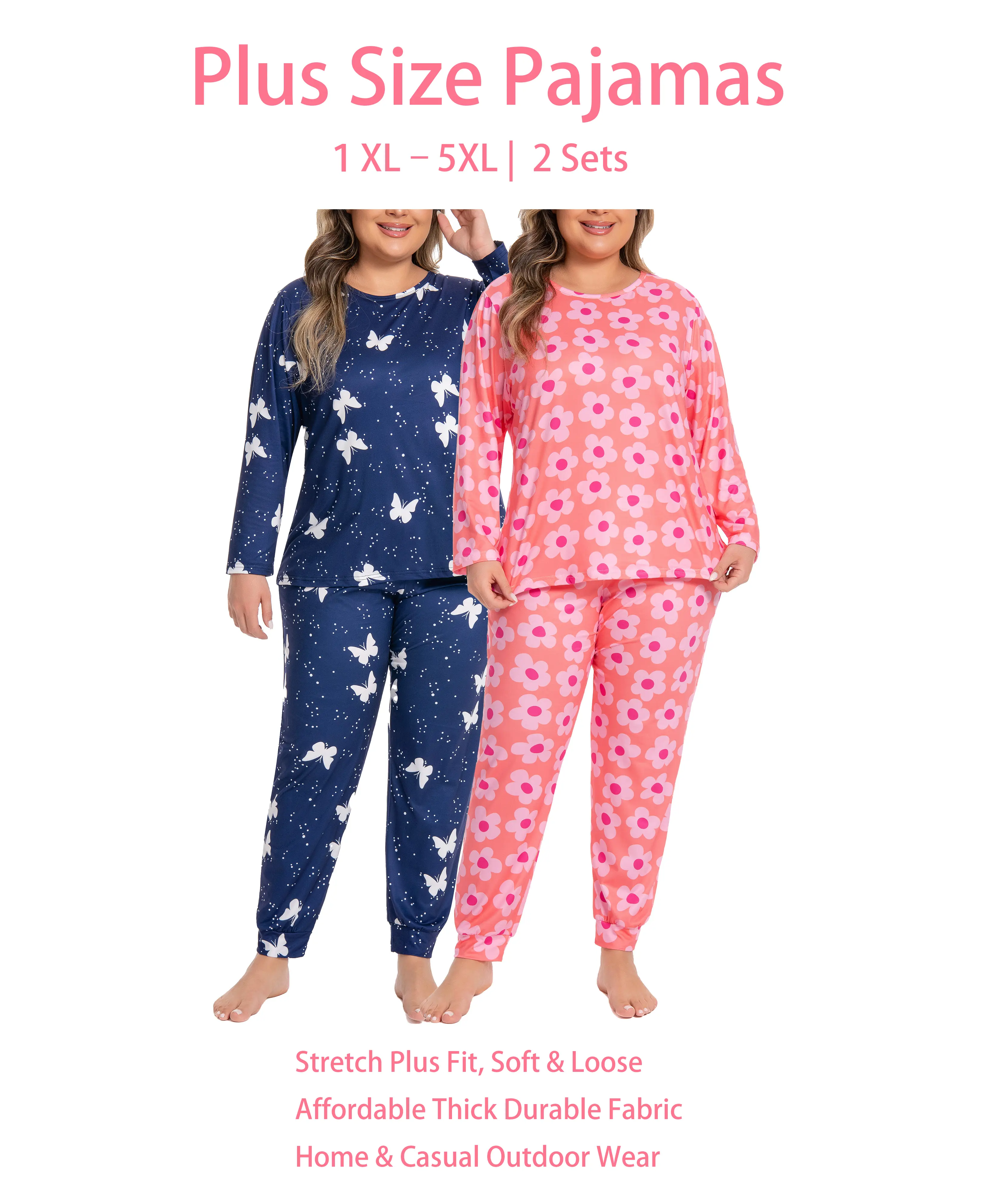 Women's Plus Size 2-Pack Long Sleeve Pajama Set, Floral & Butterfly Print Soft Polyester Loungewear Nightwear