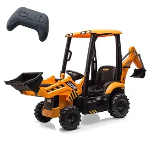 12V JCB Electric Backhoe Loader Toy Car, Ride on Excavator & Wheel Loader Construction Vehicle Toys w/Remote Control, Moving Parts