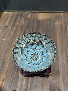 Hand Painted Silver & Blue Lotus Bowl | Artisan Ceramic Tea Cup
