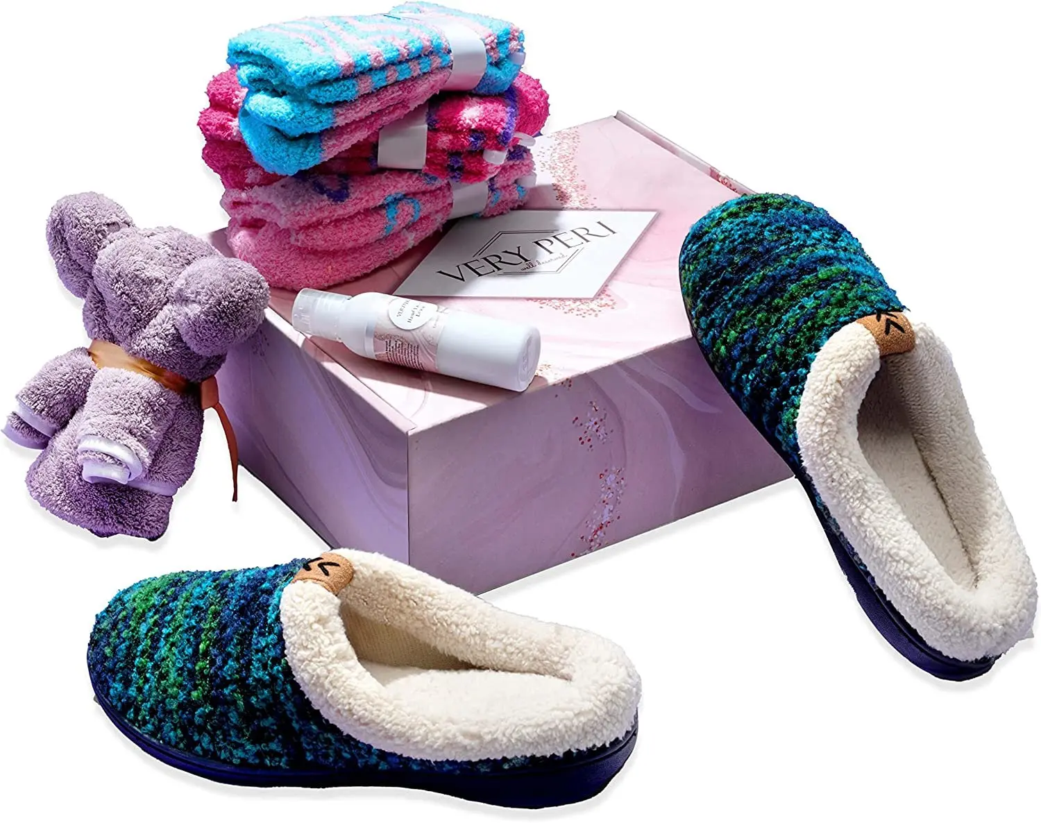 VERY PERI Birthday Gift Box for Women – Curated Gift Box for Her Gift Box Assortment with Slippers Socks Body Lotion Towel & Message Gift Card– Perfect Return Gift Present
