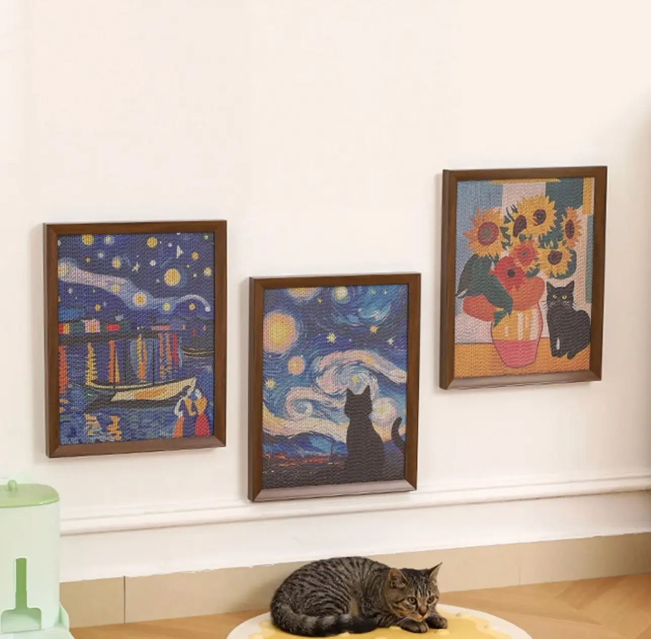 Artistic Cat Scratching Pad with Oil Painting Designs Starry Night & Sunflowers Durable Corrugated Material Replaceable Panels Wall Mount or Floor Placement Eco Friendly