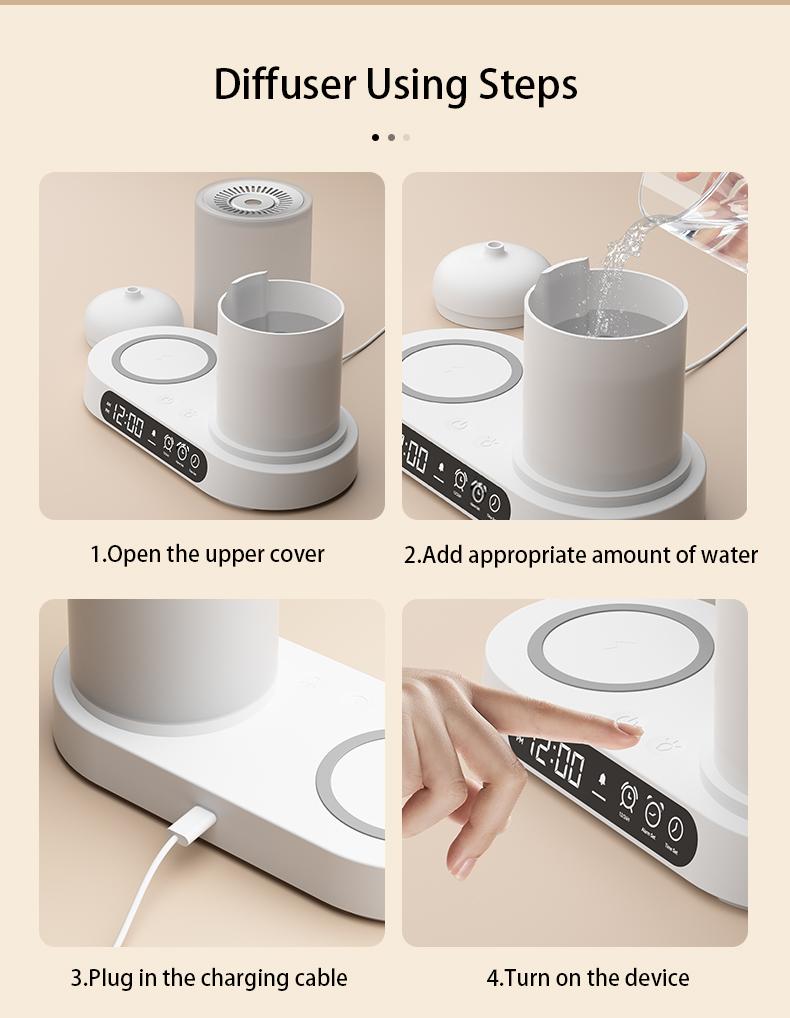 【CLEARANCE SALES】DOMEIU Multi-function automatic shut-off air humidifier bedroom chargers , aroma diffuser,  wireless charging, Bluetooth speaker. 7 color light, alarm clock,  Automated Aromatherapy .Limited-time flash sale products