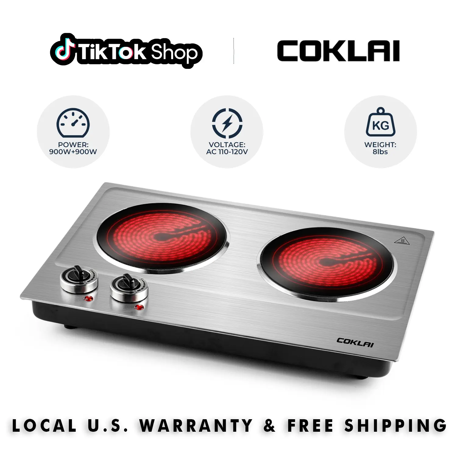 COKLAI Dual-Heat Control Ceramic Electric Hot Plate - Portable Induction Cooktop, Stainless Steel, Multi-Function, Energy-Saving, Adjust Temp., Easy Clean, US Plug Household Kitchen Appliance for Kitchens, Camping,tiktokshopbacktoschool