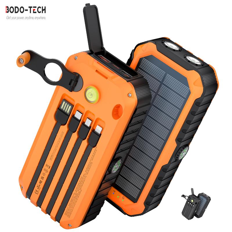 Bodo-Tech 40000mAh Solar Charger Hand Crank Power Bank with 4 Cables Fast PD20W Charging LED Flashlight for iPhone Android Samsung Orange Black