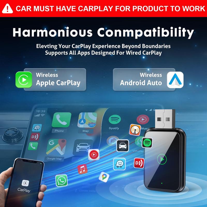 2026 2 in 1 Wireless CarPlay Adapter, for both Apple and Android,converts wired to wireless, suitable for factory wired CarPlay cars Portable Fast Charging Solution