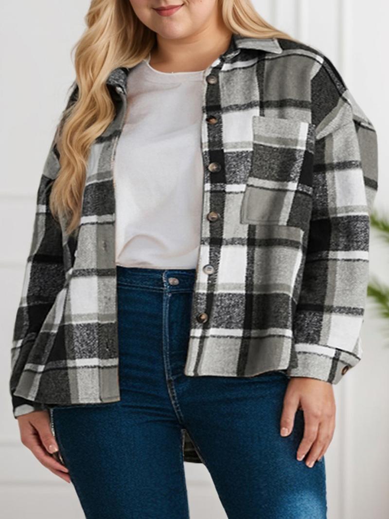 Women's Casual Plaid Shacket Long Sleeve Button Down Flannel Plus Shirts Jacket Coats with Side Pockets 18W-22W Women's Casual Plaid Shacket Long Sleeve Button Down Flannel Plus Shirts Jacket Coats with Side Pockets 18W-22W