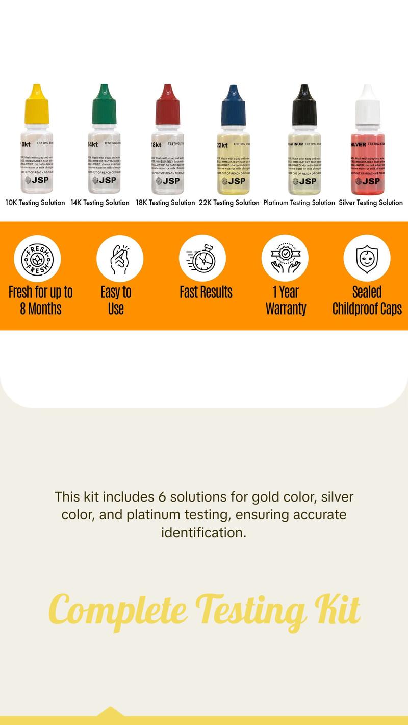 Professional Gold Silver Platinum Jewelry Testing Kit with 6 Solutions 10Kt 14Kt 18Kt 22Kt Silver Platinum GTE Test Stone & Bamboo Box