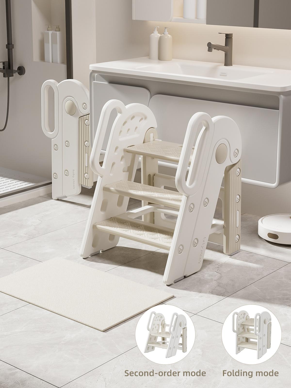 Toddler Step Stool for Bathroom Sink,Adjustable 3 Step Stop for Kids with Handles,Toilet Stool Potty Training,Foldable Step Stool for Bedroom Kitchen Counter,Plastic Ladder for Toddlers Beige