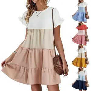 FMEYOA Womens Ruffles Boho Floral Printed Babydoll Loose Swing Casual Short Mini T-Shirt Dress