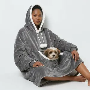 Larleaf Kangaroo Wearable Blanket Hoodie with Giant Pocket, One Size Pet Clothes Extra Soft Sherpa Fleece Thick Warm ＆ Cozy Oversized Sweatshirt Blanket Jacket with Sleeves Gifts For Dogs And Cats, Cozy Sherpa Hooded Cat Clothes Comfort Womenswear