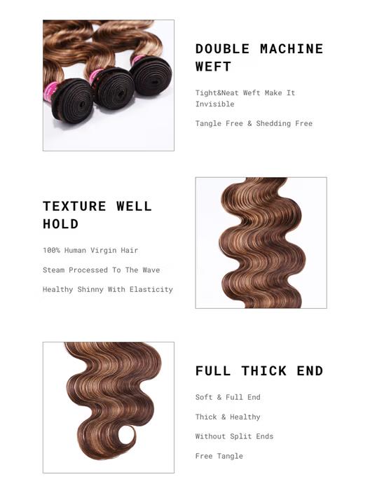 UNice Honey Blonde Highlight Body Wave Hair Weaving Bundles Human Hair Extensions & Pieces