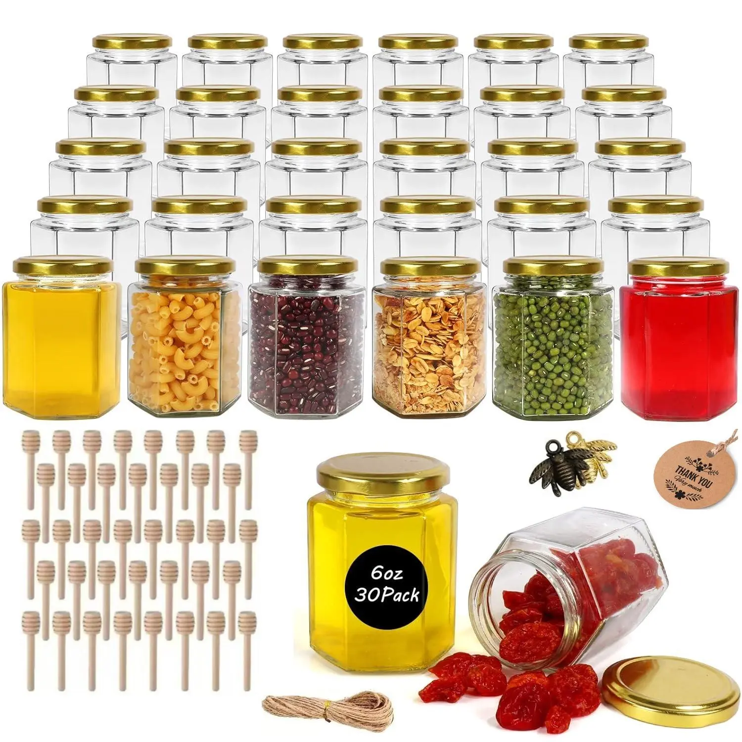 30-Pack 6oz Thick Hexagonal Glass Kitchen Canisters with Tight-Fit Gold Lids - Reusable Snack Containers, Food Storage Set, 30 Jar Favors Set with Wooden Dippers, Twine Wrap Charm, Thank-You Stickers for Jams, Weddings, Storage Bottles & Jars