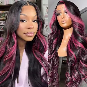 Highlight Wig Human Hair 13x6 Pink And Black Wigs 180% Density 1B/Pink Ombre Body Wave Lace Front Wigs Human Hair  HD Lace Frontal Wig Pink And Black wig 24 Inch