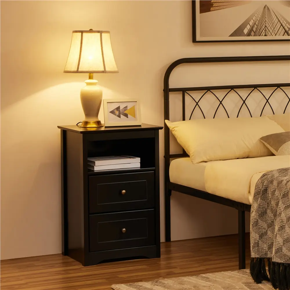 Costoffs Cuboid Black Modern Wood Bedside Side Table - 2 Drawers, 1 Open Shelf, Waterproof, Stain-Resistant, Wipe-Clean, Anti-Tip Kit, 19"x16"x29", 33.7 lb, CARB P2 MDF, Assembly Required, Clean Aesthetic Home Decor, Versatile Storage for Bedroom, Black F