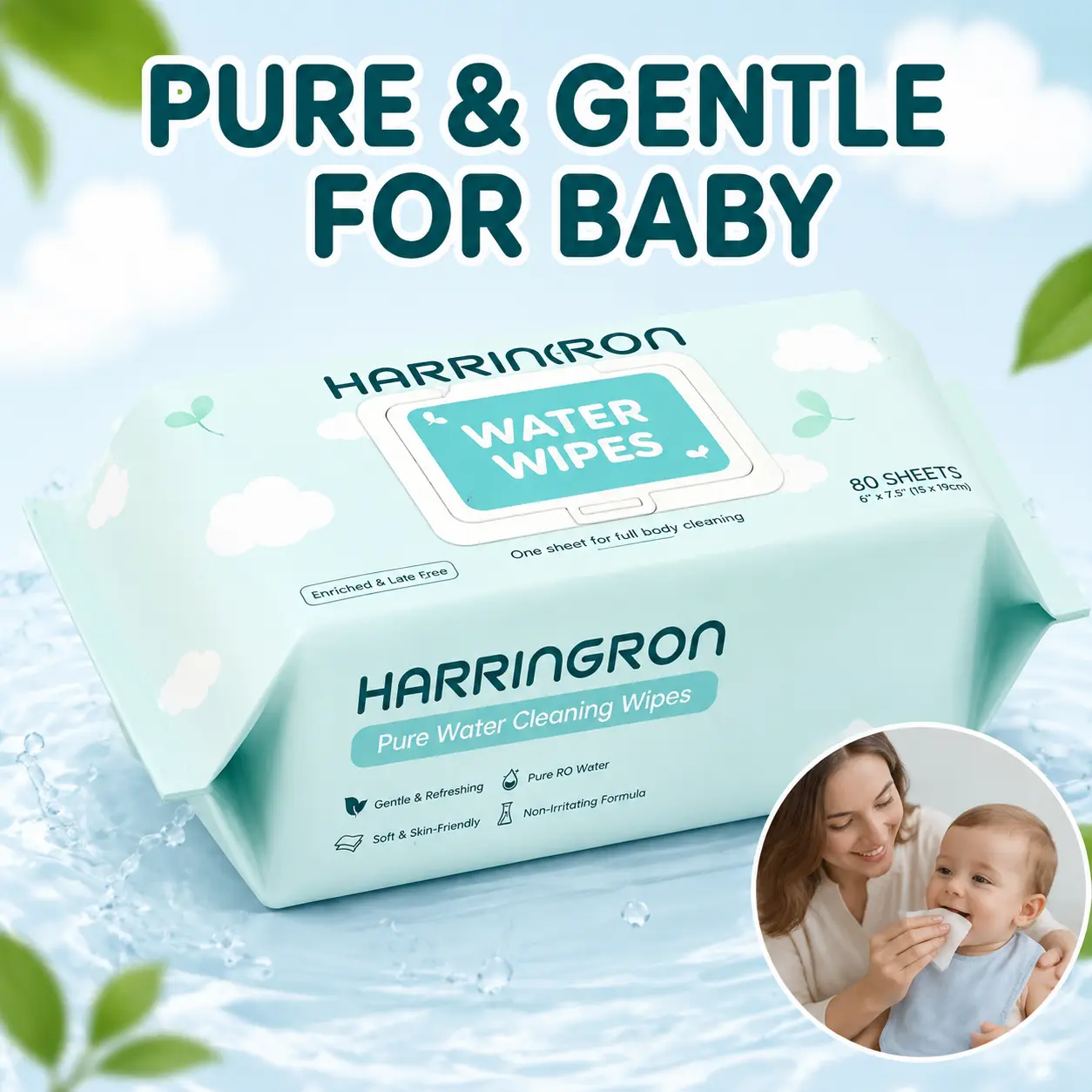 Baby Water Wipes, Thick Soft Unscented Sensitive Skin Wipes, Gentle Moisturizing Cleaning Wipes for Newborns, Home, Travel & Daily Care
