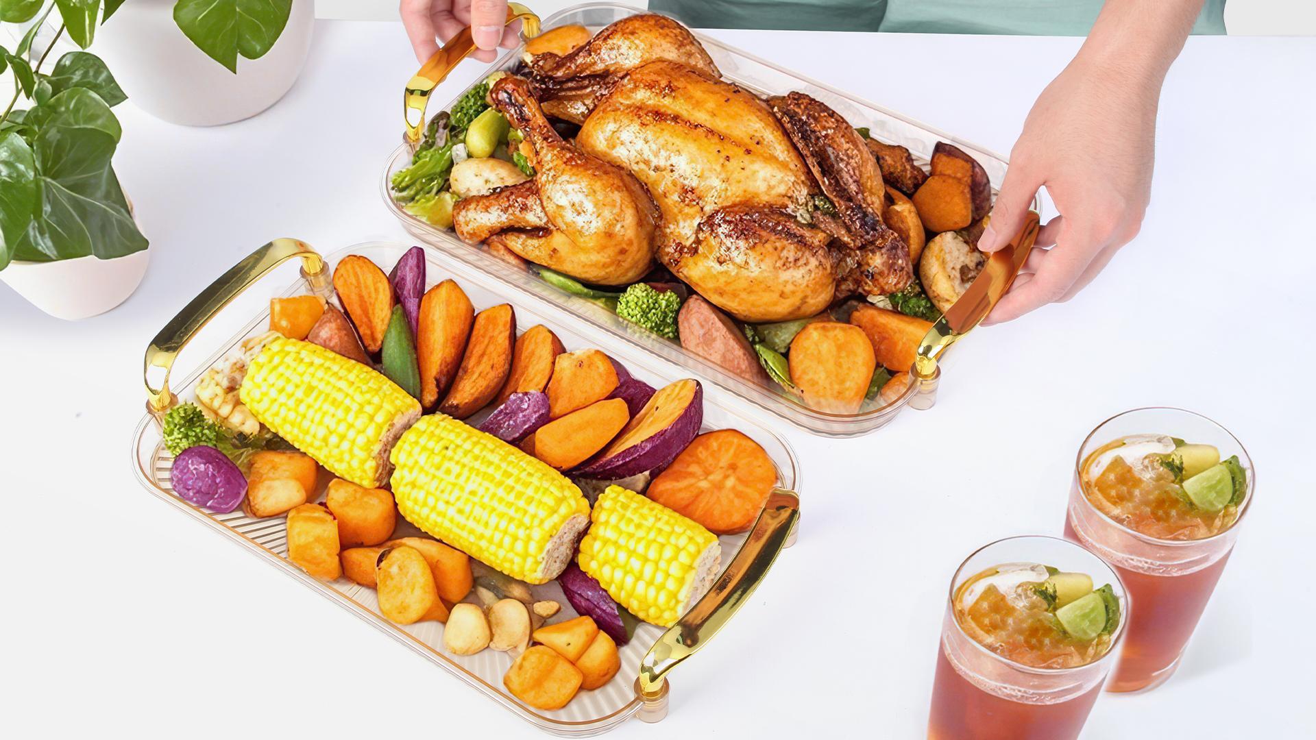 3 Pack Serving Tray with Handles Stackable Reusable Trays for Serving Food Plastic Serving Platters for birthday Party Charcuterie Fruit Appetizer BBQ Pool snacktray Mother's day gift