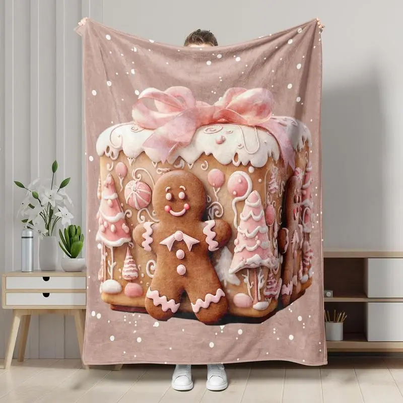 Christmas Throw Blanket Gingerbread Man Box Cartoon sanwfall Pink Soft Flannel Indoor Decorations Comfort Blankets for Healing Living Room Bedroom Fluffy Pink Christmas Decor Christmas Bedding Gift