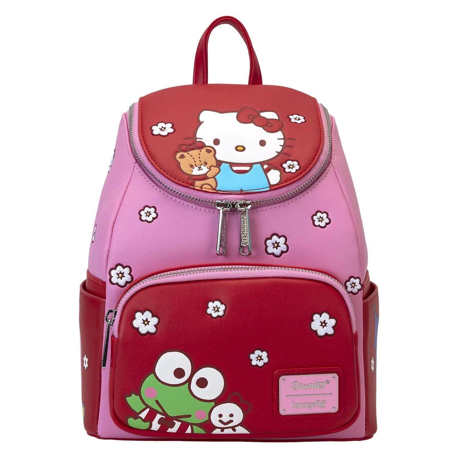 Loungefly Sanrio Hello Kitty & Friends Color-Blocking Faux Leather Mini Backpack for Female Adults - 9” w x 10.5” h x 4.5” d, Flowers Graphic Print, Compact Everyday Carry, Cool Backpacks, School Luggage, Collectibles