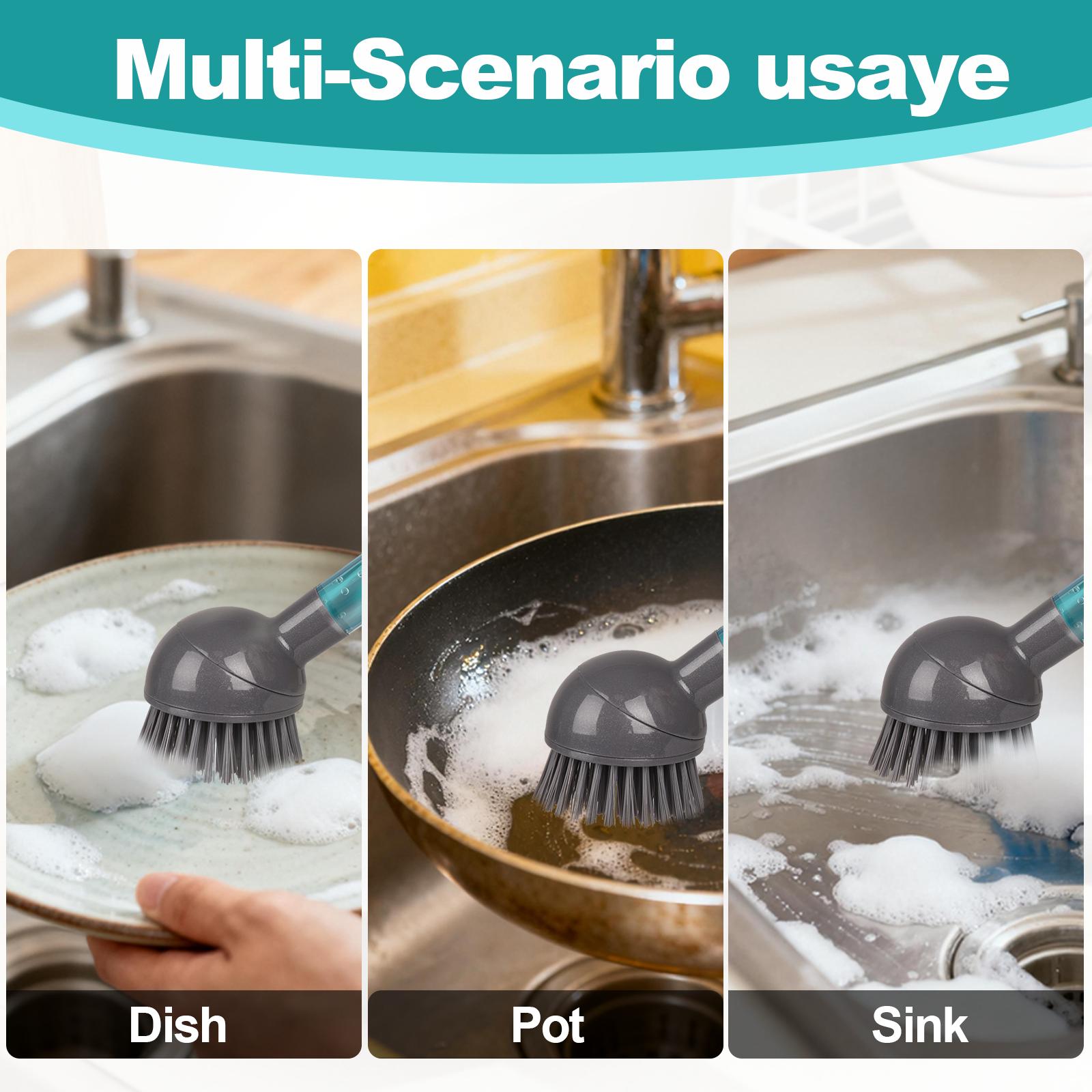 CuLiDing Soap Dispensing Dish Brush Storage Set with 360° Rotating Head, 3 Brush Heads & 2 Scouring Pads, Durable & Eco-friendly, Versatile for Dishes, Sink, Pans, Pots