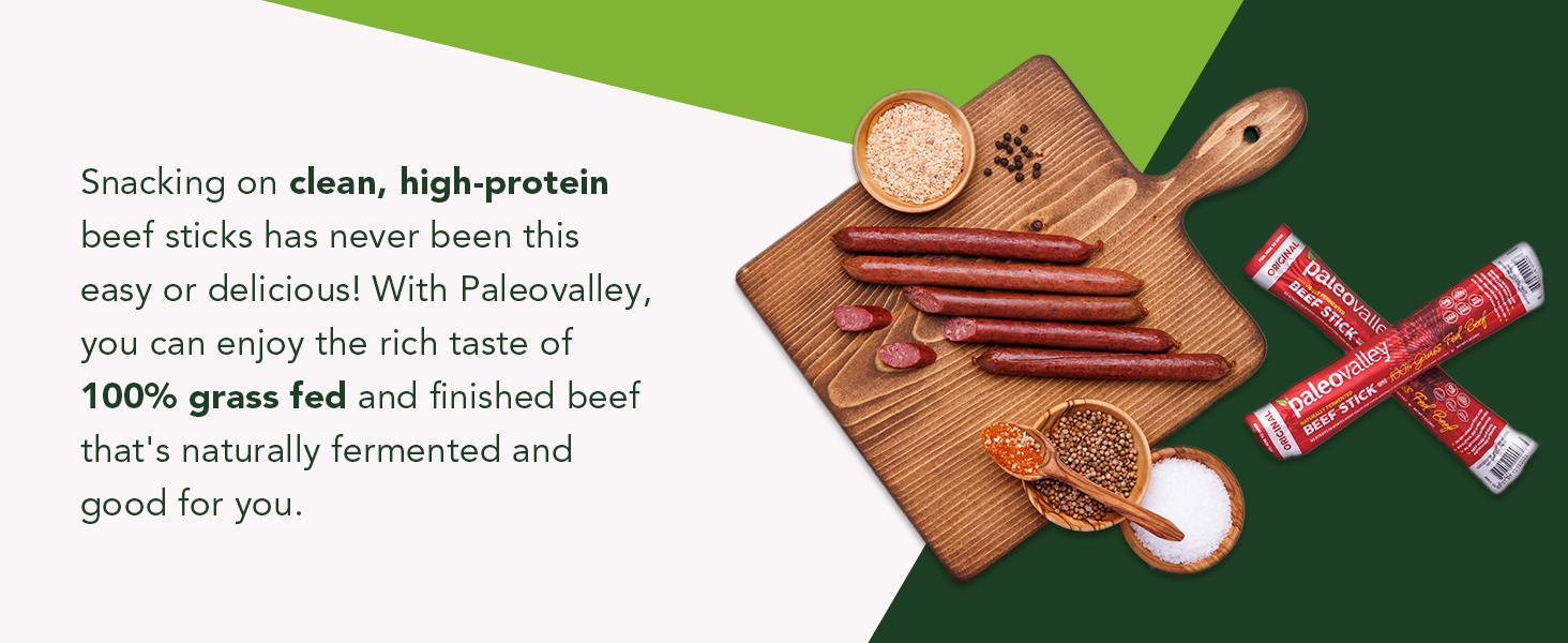 Paleovalley 100% Grass Fed Beef Sticks - High Protein Gut Friendly Gluten Free 10 Count Beef Jerky Snack, Variety of Flavors