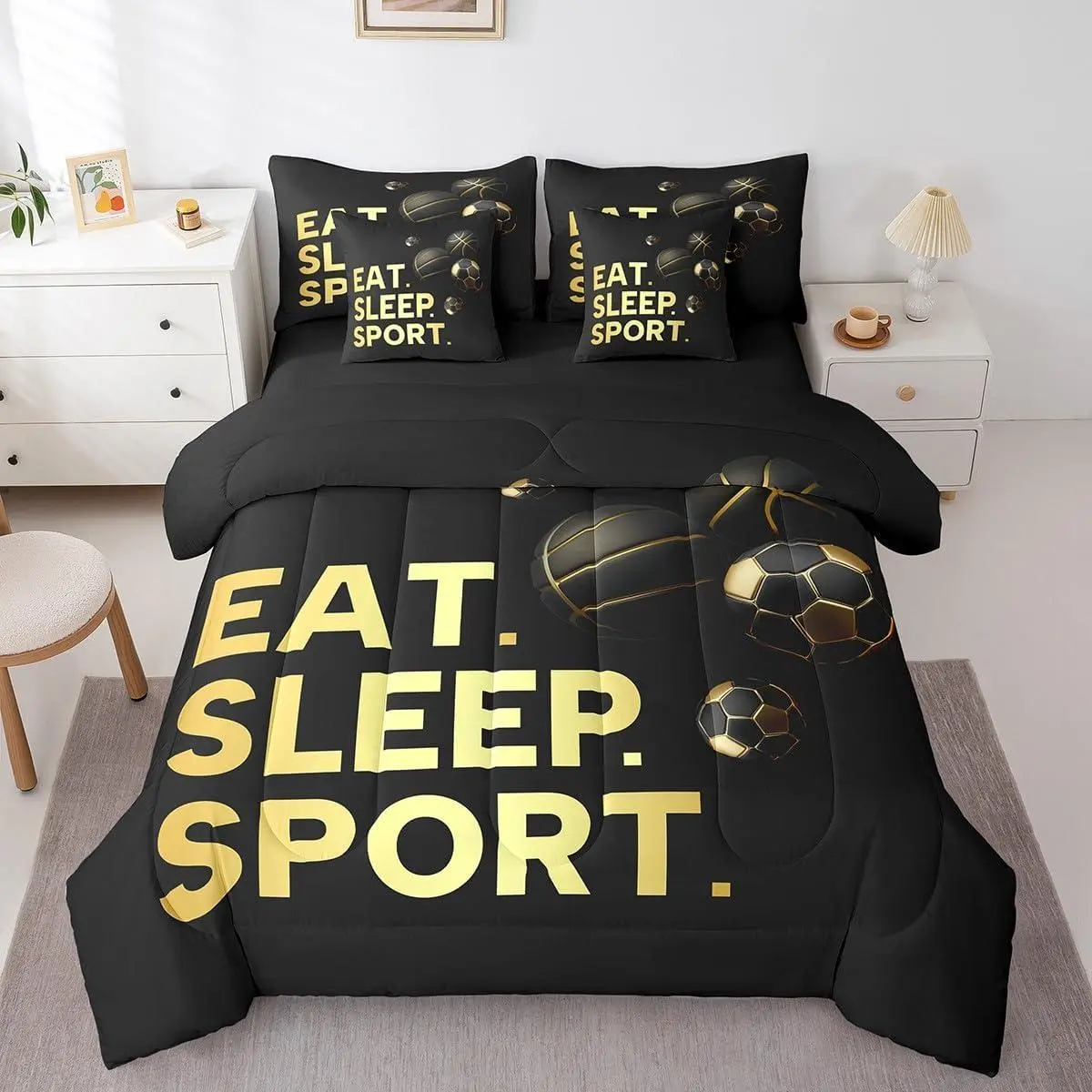 Basketball Soccer 7 Piece Bedding Set Eat Sleep Sport Ball Theme Comforter Set with Sheets for Adult 3D Print Bed in a Bag Black Gold Bed Set